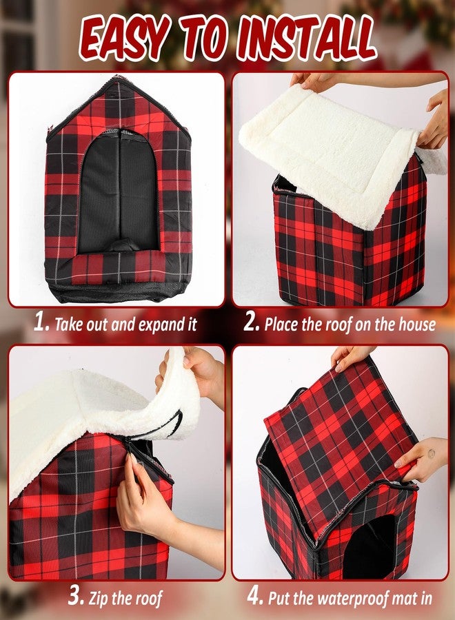 BrightRow 1 Pcs Christmas Cat House Red Plaid Buffalo Cat Bed Cave Winter Warm Waterproof Insulated Pet Dog House with Door Flap for Indoor Outdoor Feral Kitty Puppy - Image 3